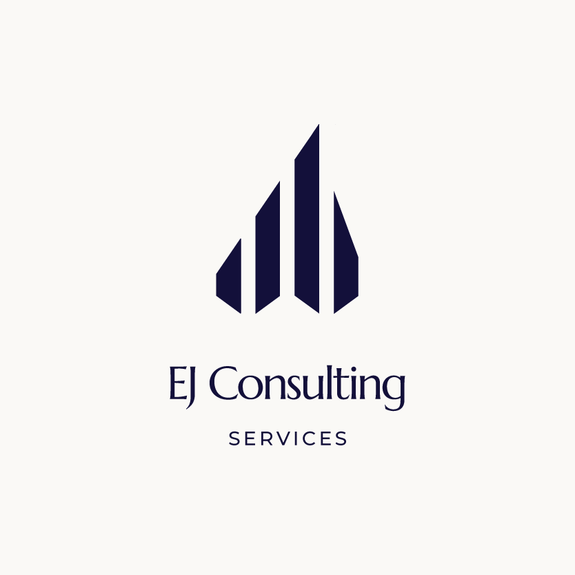EJ Consulting Services lockup, vertical, navy on cream