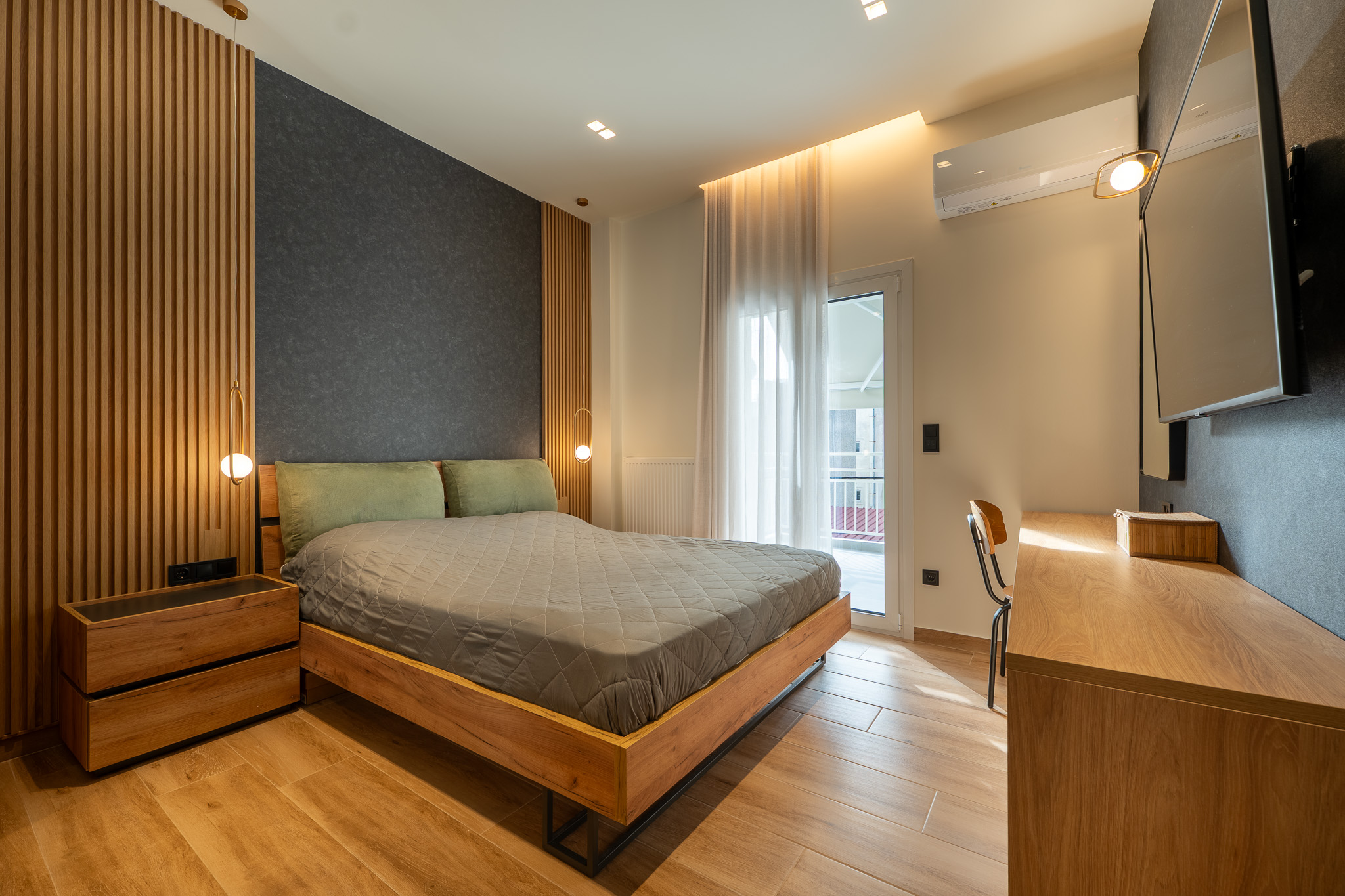 A&K Chorothetisis, master bedroom with vertical oak slat headboard wall and grey felt panel