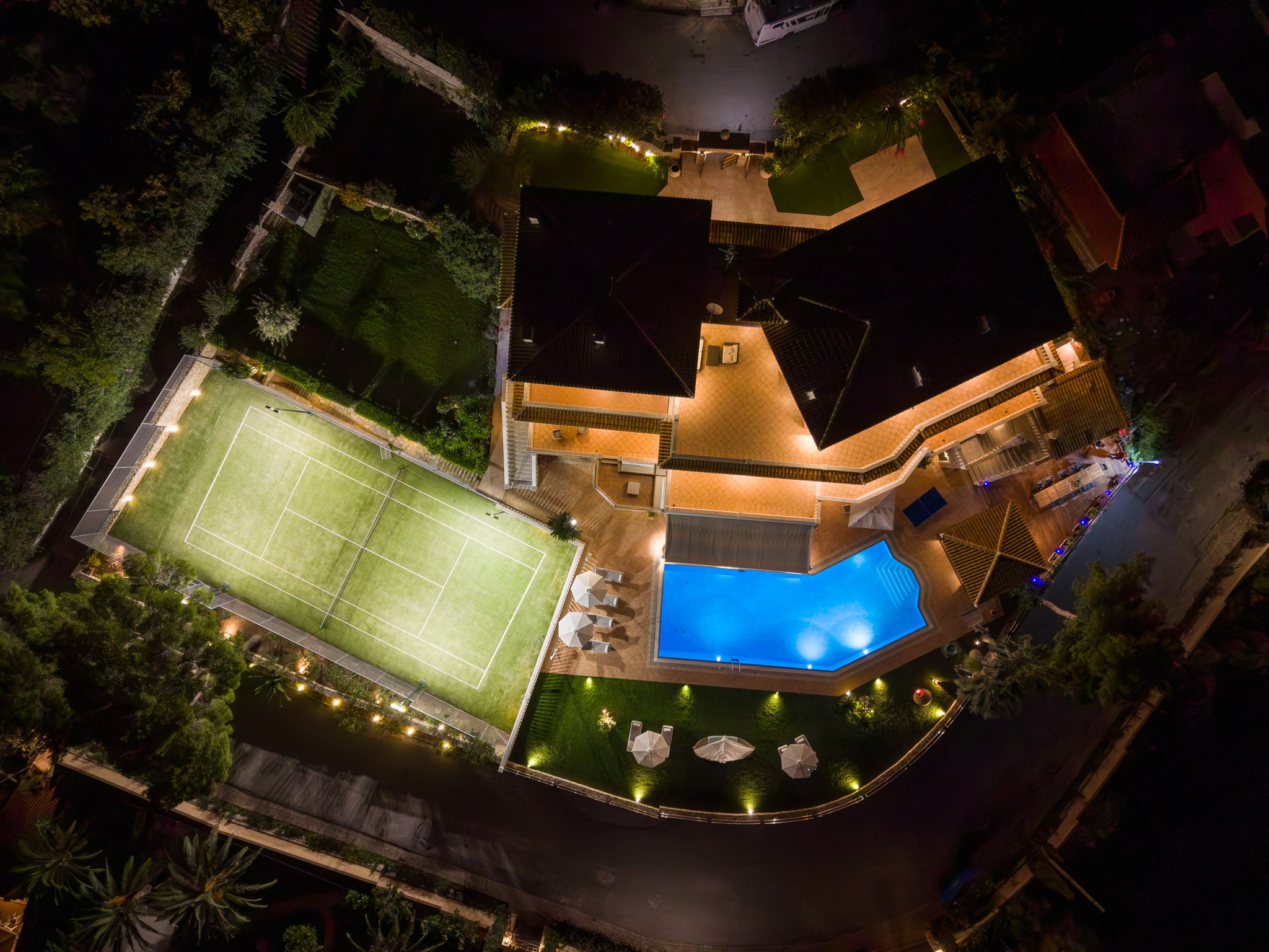 Villa Rafaella, night top-down aerial