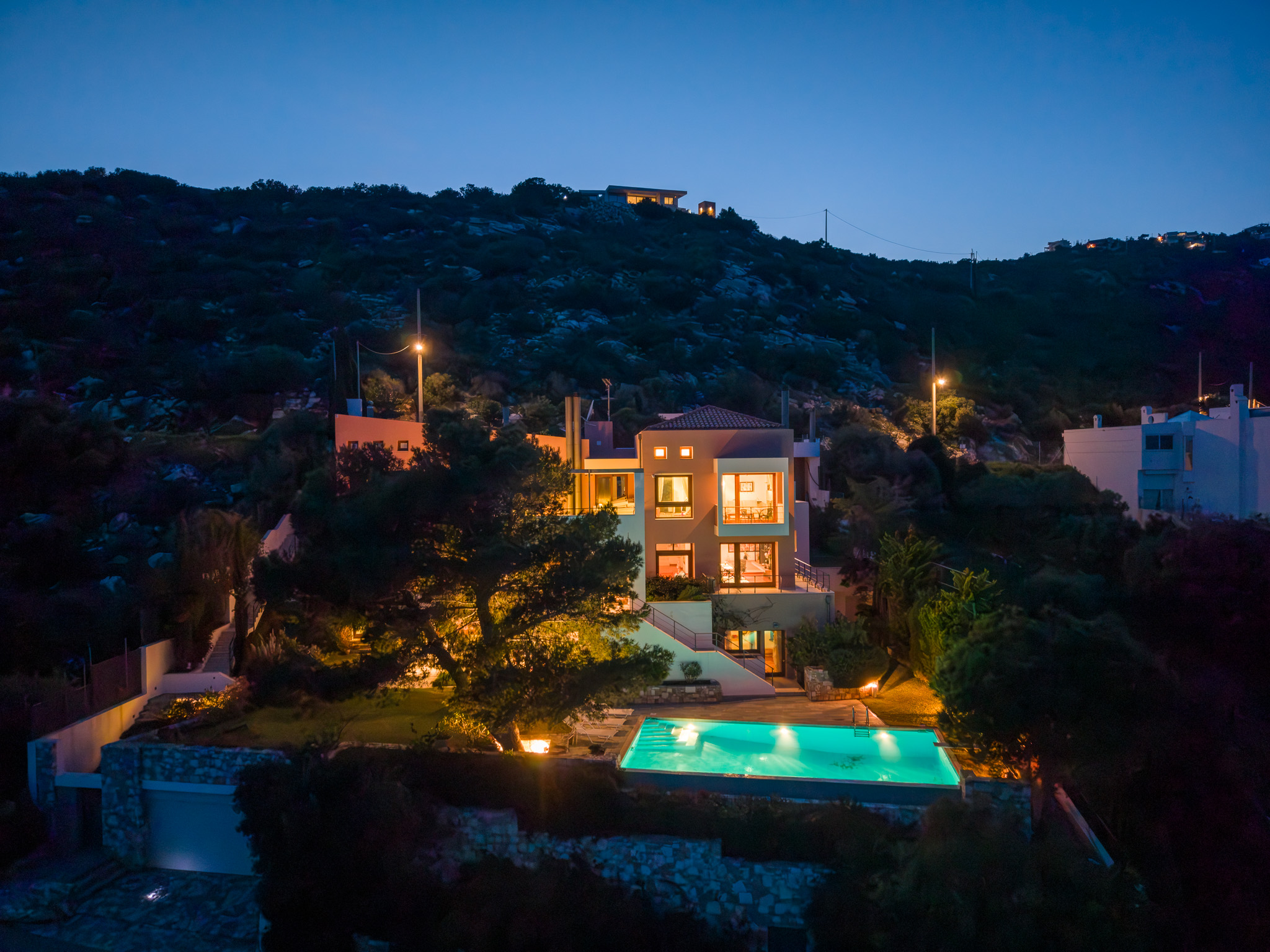 Villa Selene, twilight aerial with mountain backdrop