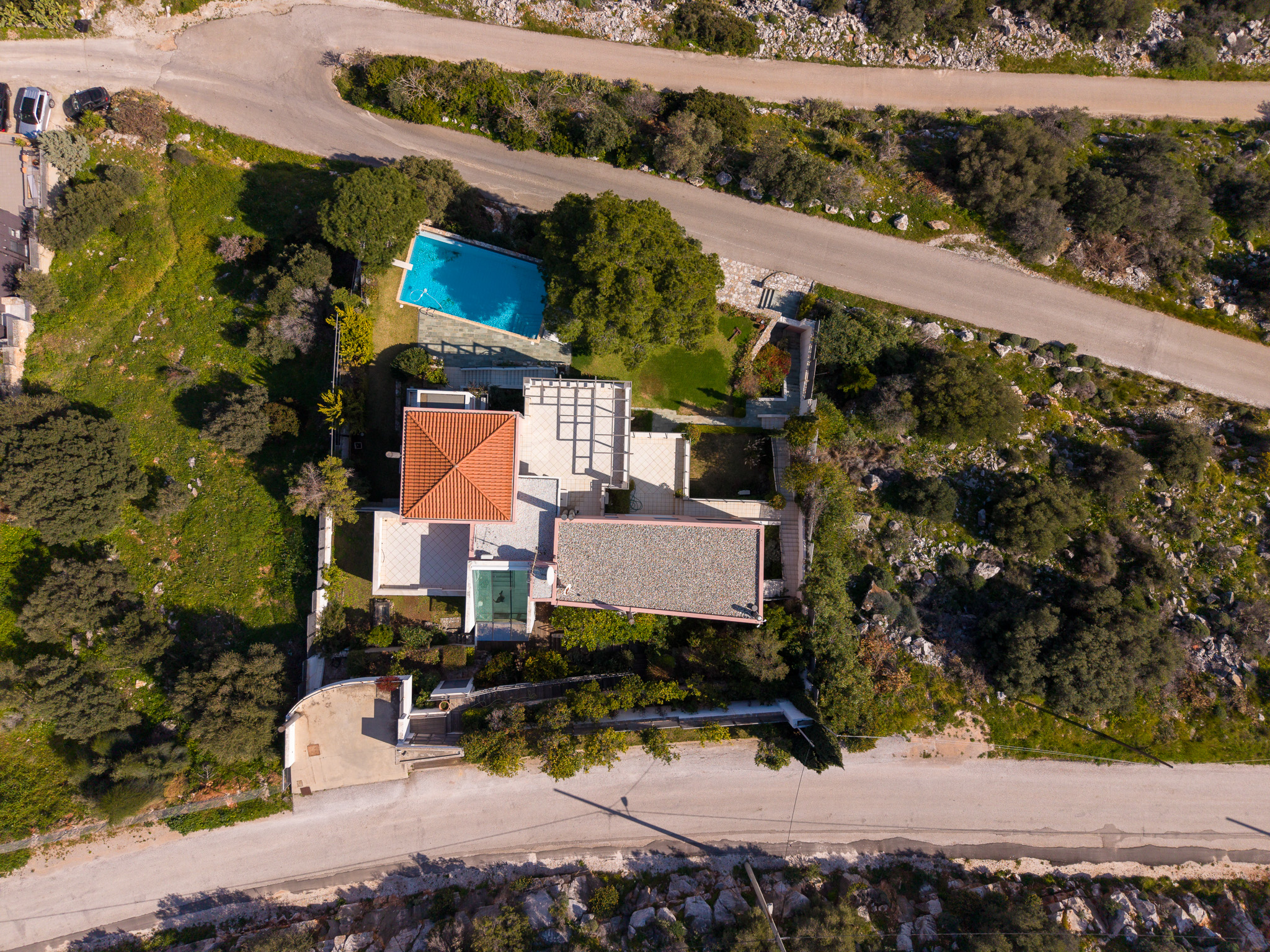 Villa Selene, top-down aerial of villa, pool and approach road